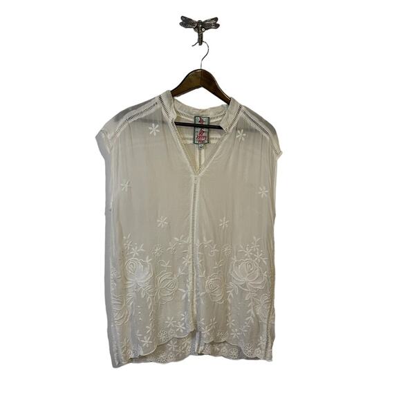 Johnny Was Tops - Johnny Was Sheer White Floral Embroidered Sleeveless Blouse Women's Size Small